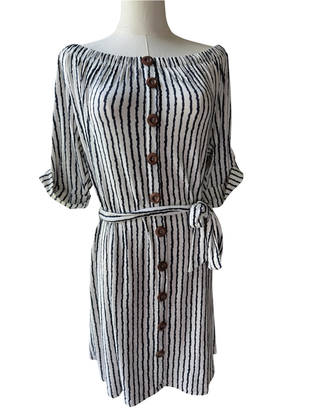 NWT 205 Collins women’s striped Off the Shoulder mini dress. Size medium - Picture 7 of 13